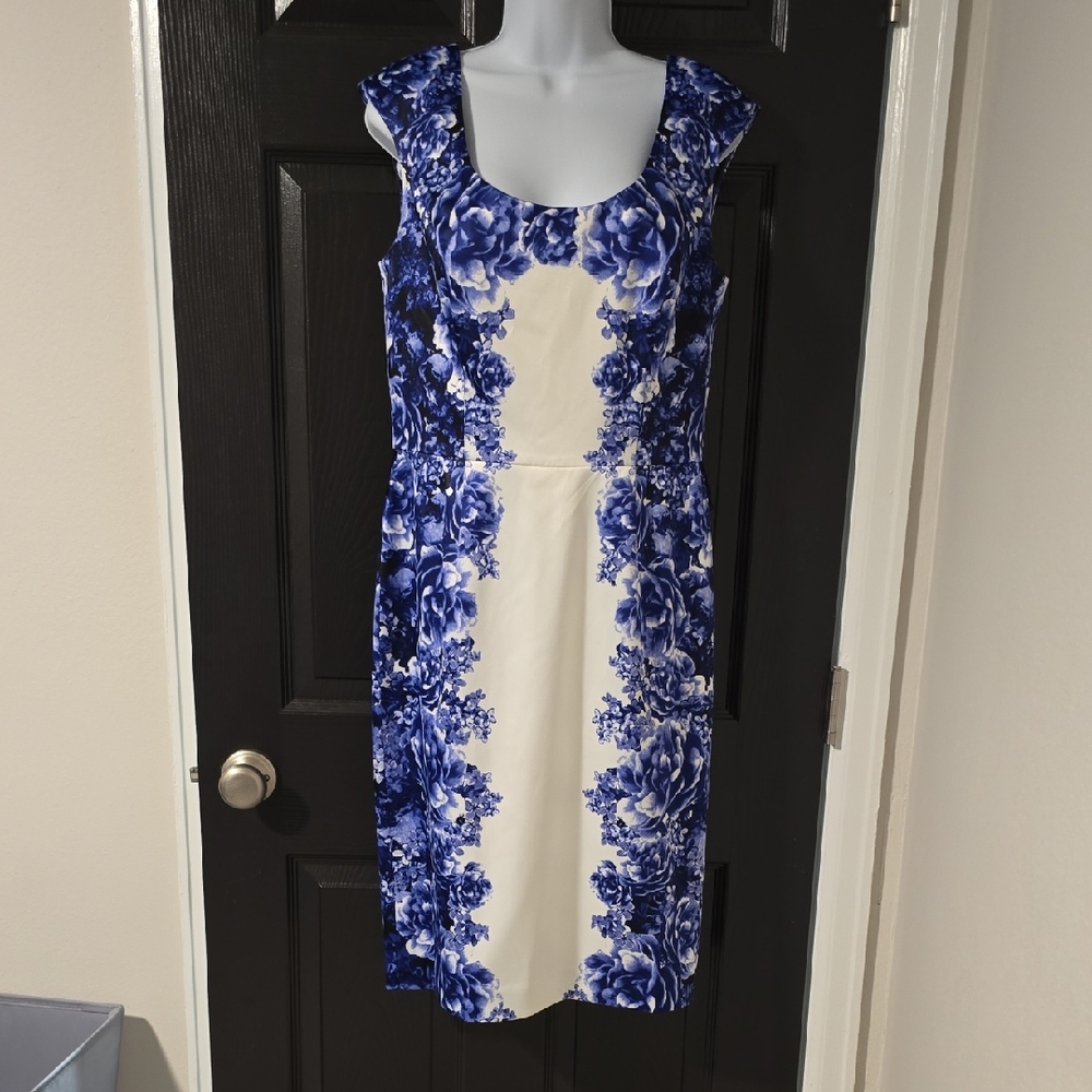 White House Black Market Blue and White Floral Midi Sheath Dress